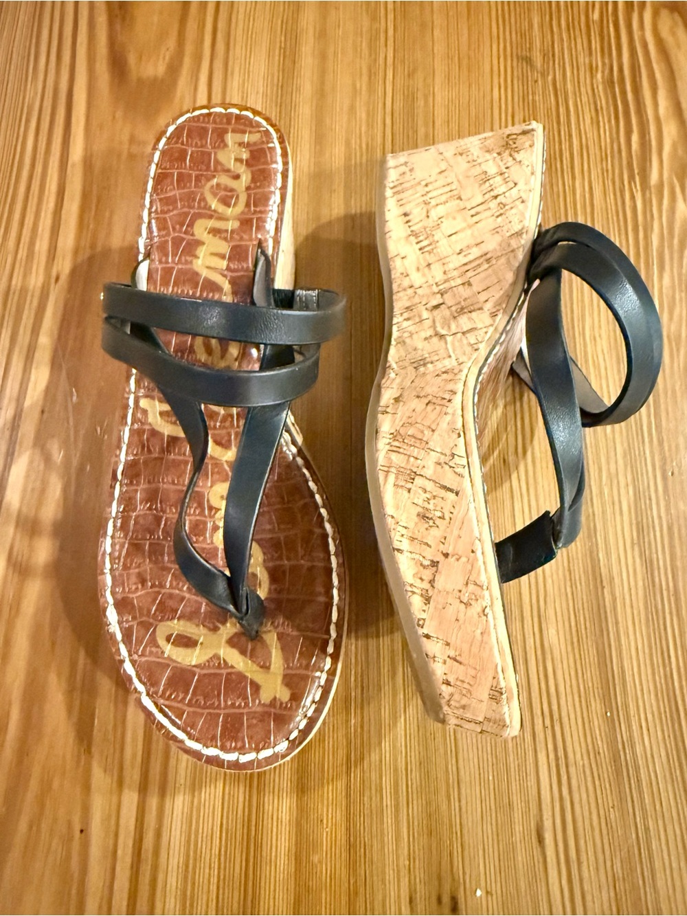Sam Edelman Black Leather Strappy Cork Wedge Sandals